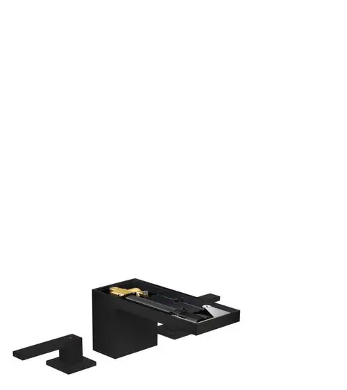 Schwarze Waschtischarmatur von AXOR mit drei Komponenten, einschließlich eines Hebels und einer Ablaufgarnitur, präsentiert in einem minimalistischen Design.